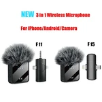 Plug-play F11/F15 3 In Wireless Lavalier Microphone For Iphone/android/camera. Fixed Price $10.99.