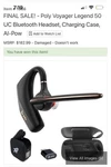 Poly Voyager Legend 50 Uc Bluetooth Anc Ear-hook Headset , Do Not Work. Fixed Price $35.99.